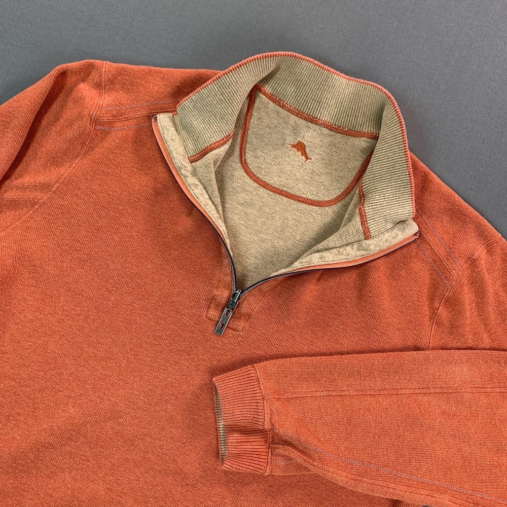 Tommy Bahama Sweater Mens 2XL Orange Cotton 1/4 Zip Mock Neck Pullover Knit‎